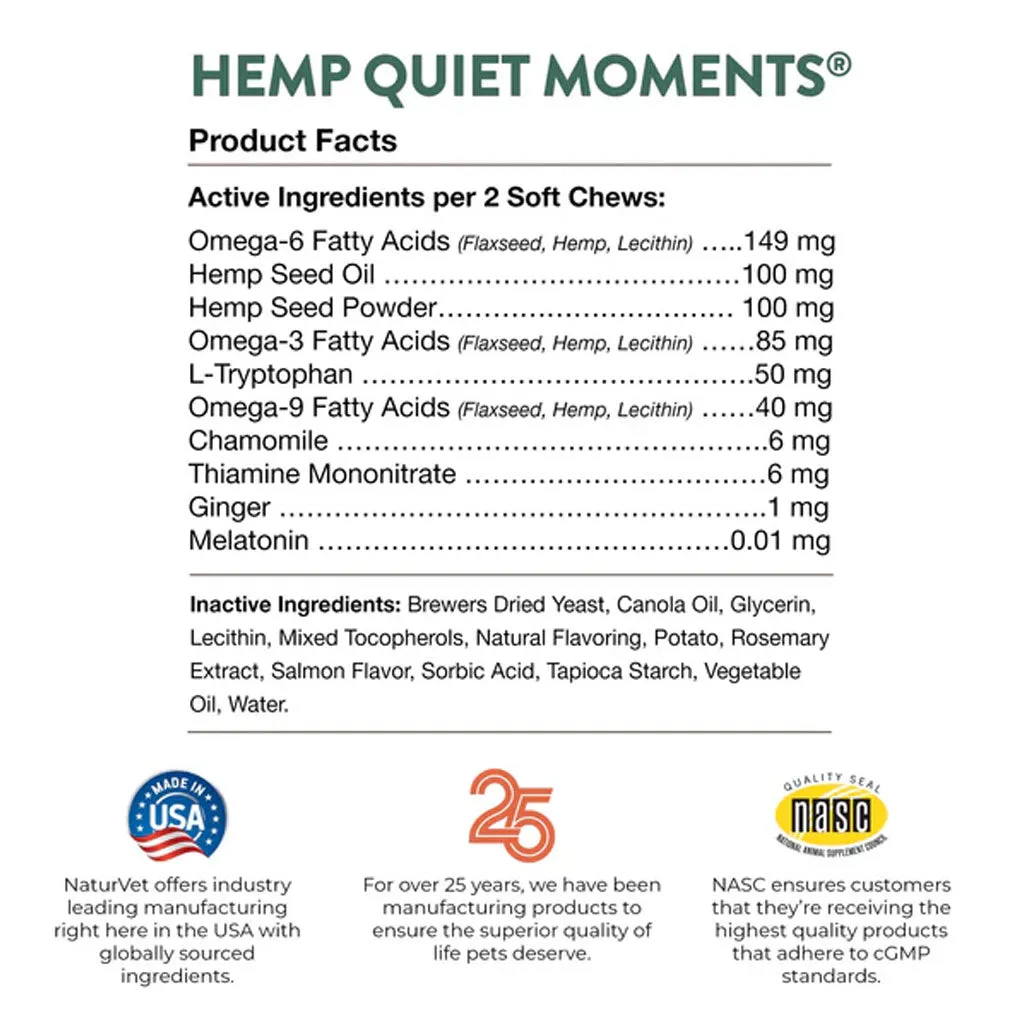 NaturVet Hemp Quiet Moments Plus Hemp Seed Soft Chews for Cats, 60 count