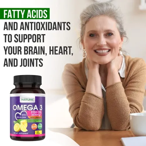 Omega 3 Fish Oil Supplement 3600mg High DHA & EPA Natural Fatty Acids, Pure and Tested Wild-Caught Fish, Triple Strength Brain, Heart, and Joint Support, Burpless Subtle Lemon Flavor, 180 Softgels