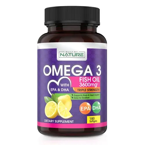 Omega 3 Fish Oil Supplement 3600mg High DHA & EPA Natural Fatty Acids, Pure and Tested Wild-Caught Fish, Triple Strength Brain, Heart, and Joint Support, Burpless Subtle Lemon Flavor, 180 Softgels