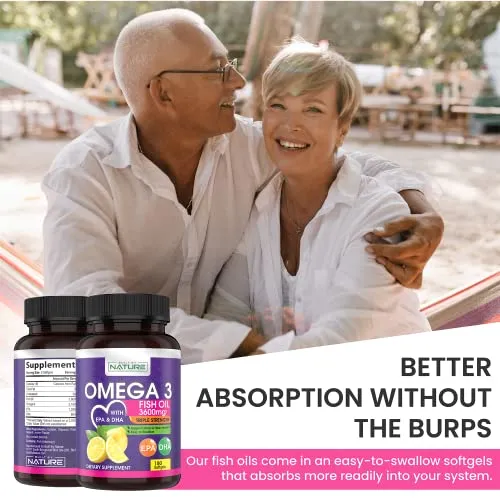 Omega 3 Fish Oil Supplement 3600mg High DHA & EPA Natural Fatty Acids, Pure and Tested Wild-Caught Fish, Triple Strength Brain, Heart, and Joint Support, Burpless Subtle Lemon Flavor, 180 Softgels