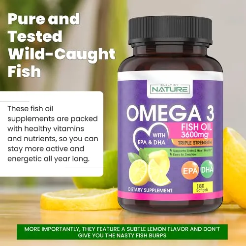 Omega 3 Fish Oil Supplement 3600mg High DHA & EPA Natural Fatty Acids, Pure and Tested Wild-Caught Fish, Triple Strength Brain, Heart, and Joint Support, Burpless Subtle Lemon Flavor, 180 Softgels