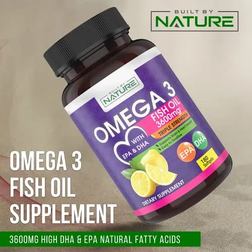 Omega 3 Fish Oil Supplement 3600mg High DHA & EPA Natural Fatty Acids, Pure and Tested Wild-Caught Fish, Triple Strength Brain, Heart, and Joint Support, Burpless Subtle Lemon Flavor, 180 Softgels