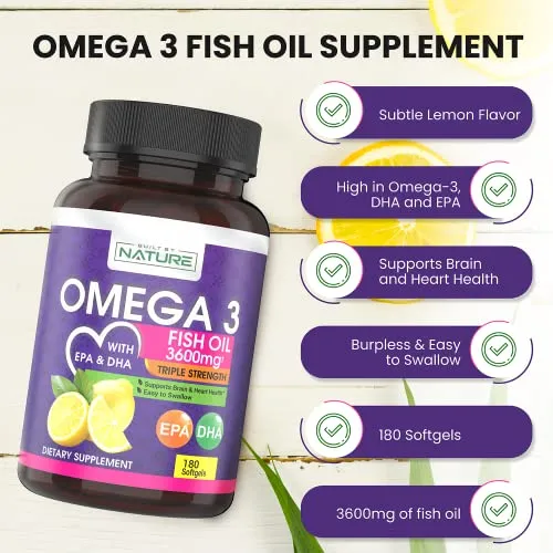 Omega 3 Fish Oil Supplement 3600mg High DHA & EPA Natural Fatty Acids, Pure and Tested Wild-Caught Fish, Triple Strength Brain, Heart, and Joint Support, Burpless Subtle Lemon Flavor, 180 Softgels