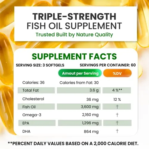 Omega 3 Fish Oil Supplement 3600mg High DHA & EPA Natural Fatty Acids, Pure and Tested Wild-Caught Fish, Triple Strength Brain, Heart, and Joint Support, Burpless Subtle Lemon Flavor, 180 Softgels