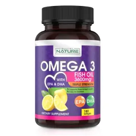 Omega 3 Fish Oil Supplement 3600mg High DHA & EPA Natural Fatty Acids, Pure and Tested Wild-Caught Fish, Triple Strength Brain, Heart, and Joint Support, Burpless Subtle Lemon Flavor, 180 Softgels