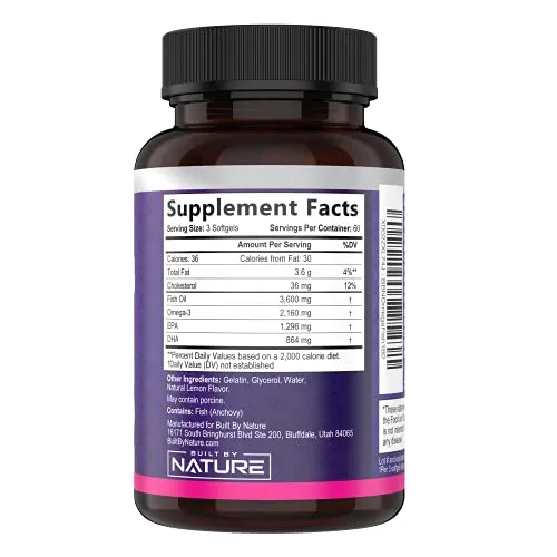 Omega 3 Fish Oil Supplement 3600mg High DHA & EPA Natural Fatty Acids, Pure and Tested Wild-Caught Fish, Triple Strength Brain, Heart, and Joint Support, Burpless Subtle Lemon Flavor, 180 Softgels