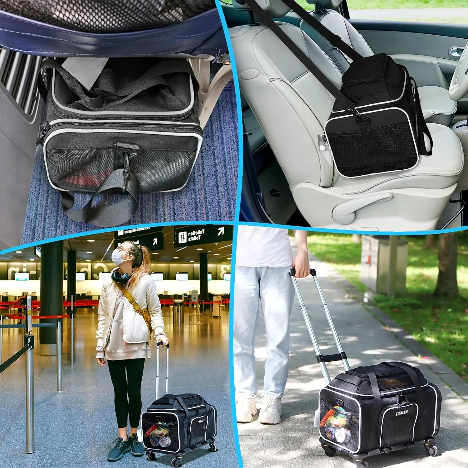 Petskd Top-Expandable Pet Carrier with Wheels 17x12x8.5 Inches JetBlue Allegiant Spirit Airline Approved, Soft-Sided Carrier for Small Cat Dog with Locking Safety Zippers and Anti-Scratch Mesh(Black)