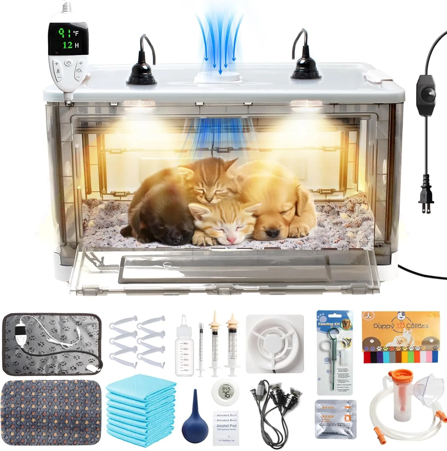 Puppy Incubator with Heating and Fan, Ideal Incubator for Puppies and Kittens, Ensures Good Ventilation and Temperature Control for Newborn Pets(55L)