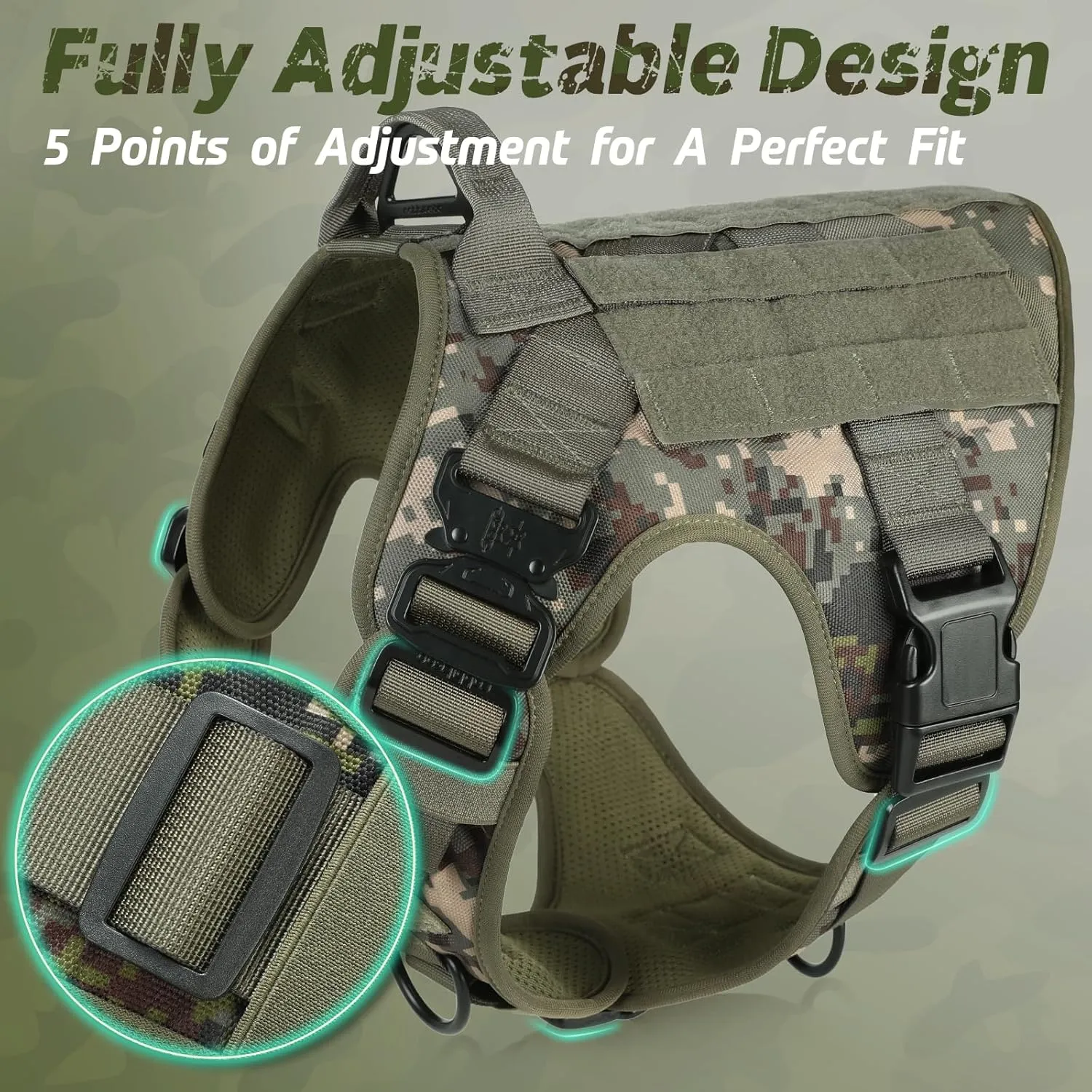 rabbitgoo Tactical Dog Harness for Large, Heavy Duty Pet Harness with Handle, No-Pull Service Vest Large Breed, Adjustable Military Dog Vest for Training Hunting Walking, Green Camo, XL