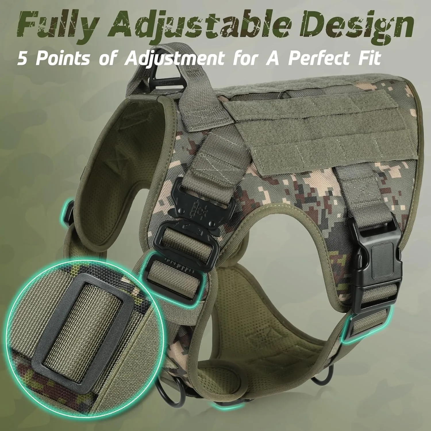 rabbitgoo Tactical Dog Harness for Large, Heavy Duty Pet Harness with Handle, No-Pull Service Vest Large Breed, Adjustable Military Dog Vest for Training Hunting Walking, Green Camo, XL