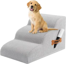 Romrol Dog Stairs Ramp for Beds Couches, 33D High Density Foam Pet Steps with Durable Non-Slip Waterproof Fabric Cover, Pets Slope Stairs, 3-Tiers, Light-Grey, 15 Inch