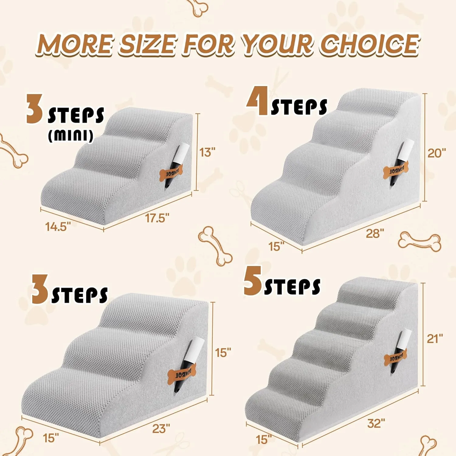 Romrol Dog Stairs Ramp for Beds Couches, 33D High Density Foam Pet Steps with Durable Non-Slip Waterproof Fabric Cover, Pets Slope Stairs, 3-Tiers, Light-Grey, 15 Inch