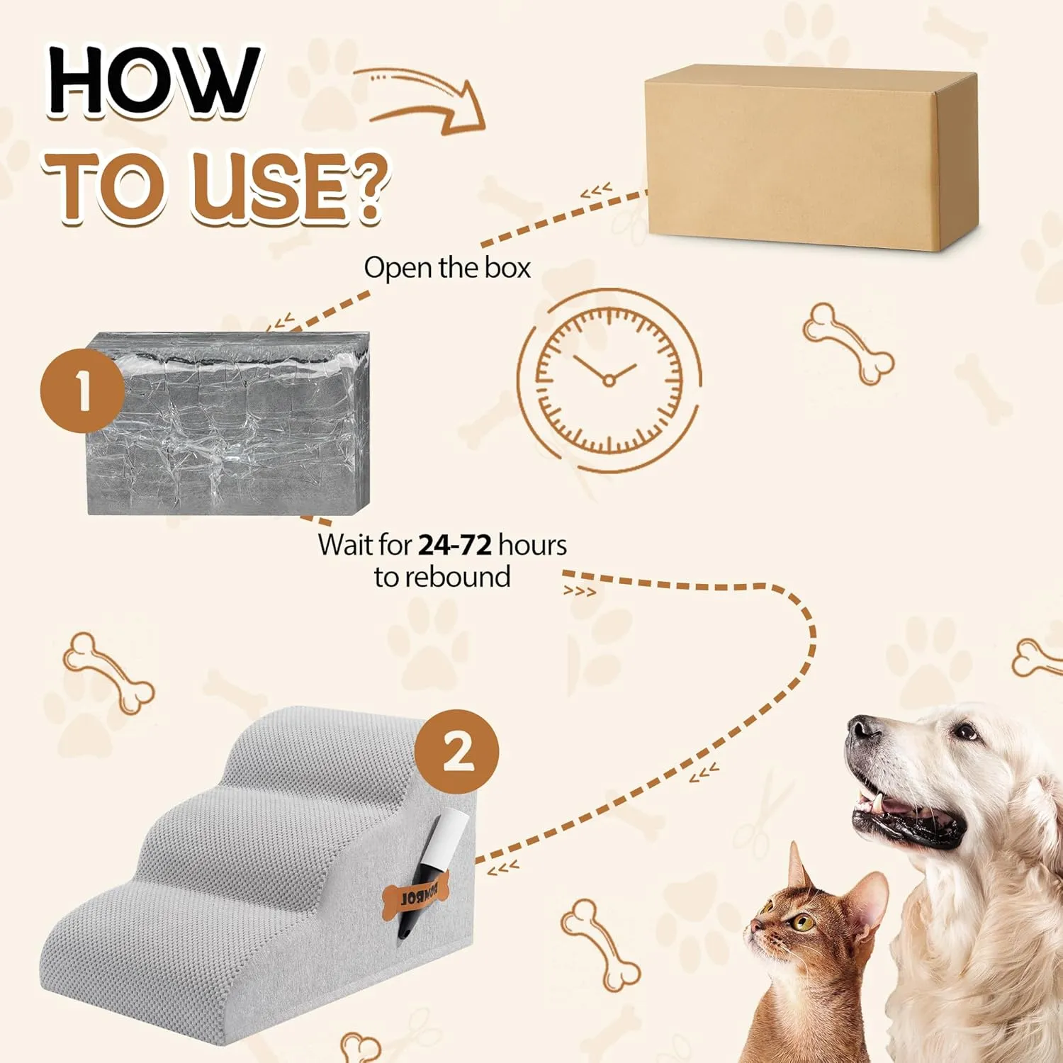 Romrol Dog Stairs Ramp for Beds Couches, 33D High Density Foam Pet Steps with Durable Non-Slip Waterproof Fabric Cover, Pets Slope Stairs, 3-Tiers, Light-Grey, 15 Inch