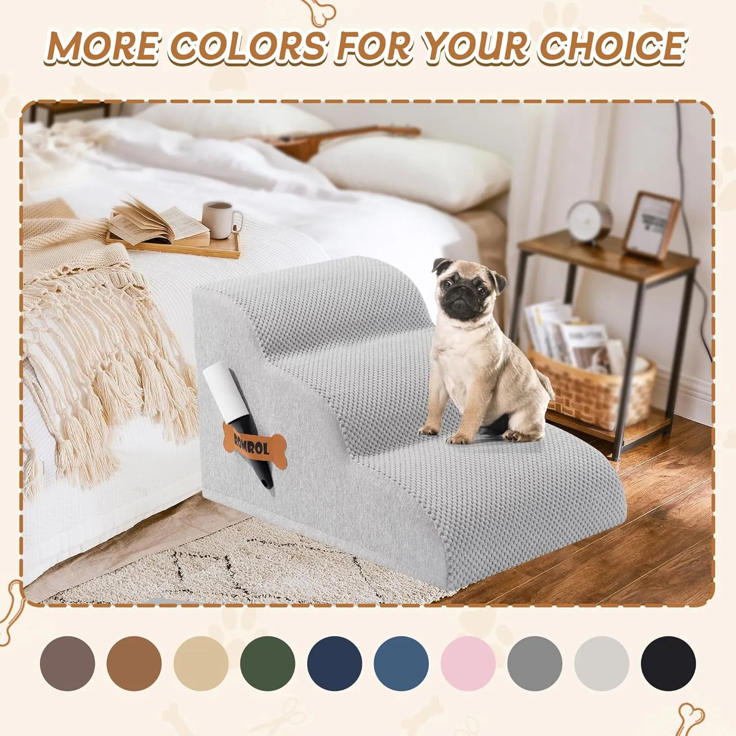 Romrol Dog Stairs Ramp for Beds Couches, 33D High Density Foam Pet Steps with Durable Non-Slip Waterproof Fabric Cover, Pets Slope Stairs, 3-Tiers, Light-Grey, 15 Inch