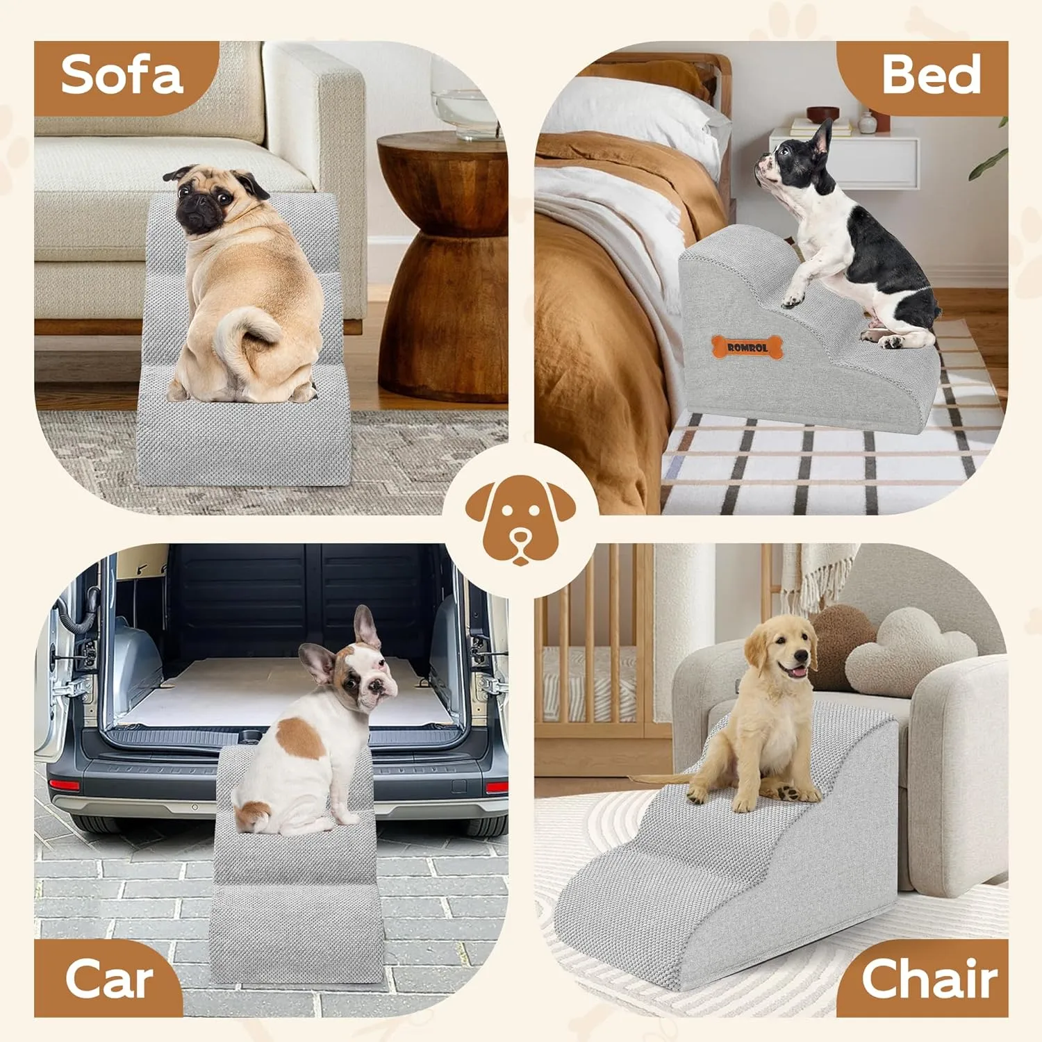 Romrol Dog Stairs Ramp for Beds Couches, 33D High Density Foam Pet Steps with Durable Non-Slip Waterproof Fabric Cover, Pets Slope Stairs, 3-Tiers, Light-Grey, 15 Inch
