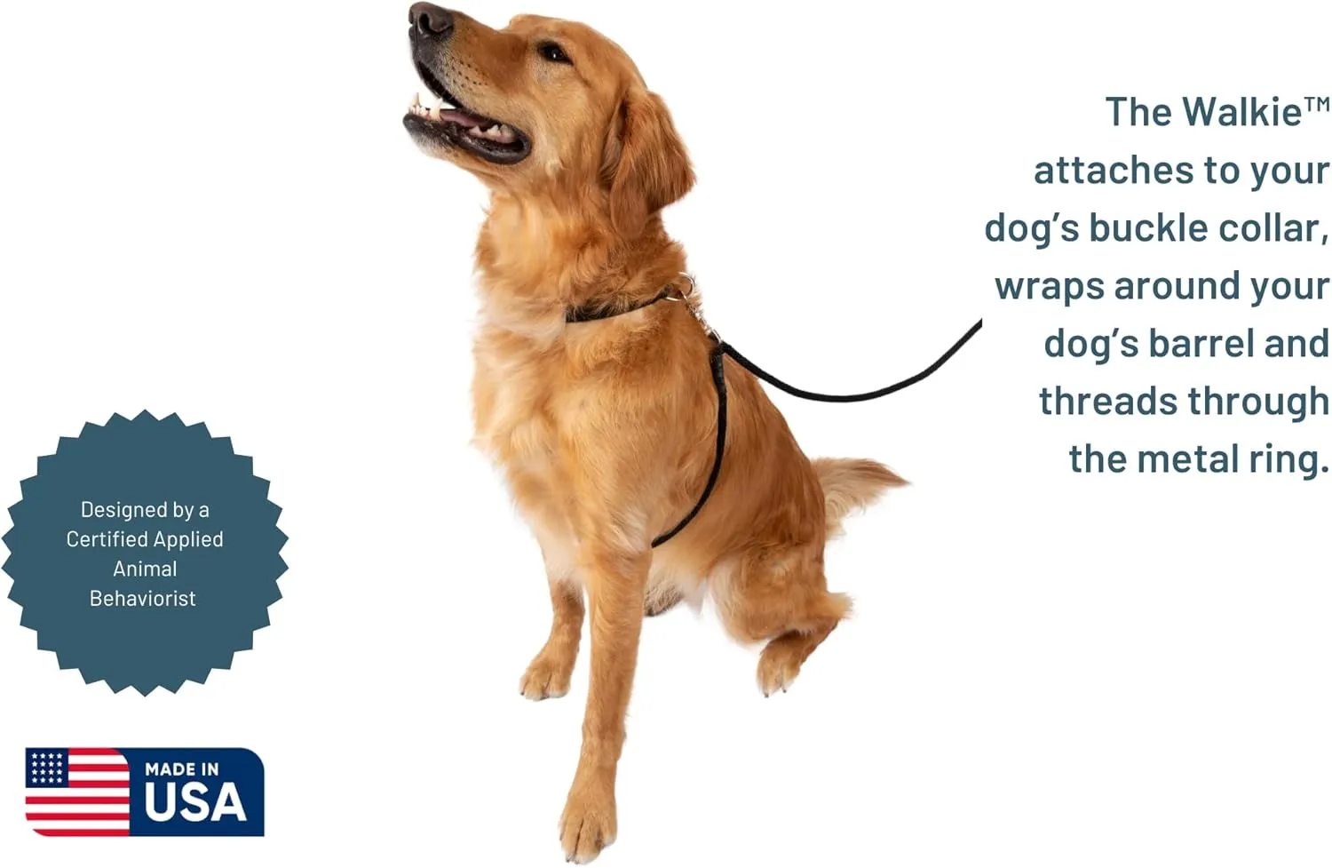 The Walkie No Pull Dog Leash - Gentle, Effective, Encourages Loose Leash Walking - Made in USA - Black with High Visibility Reflective Thread - Size Small for Dogs Under 25lbs