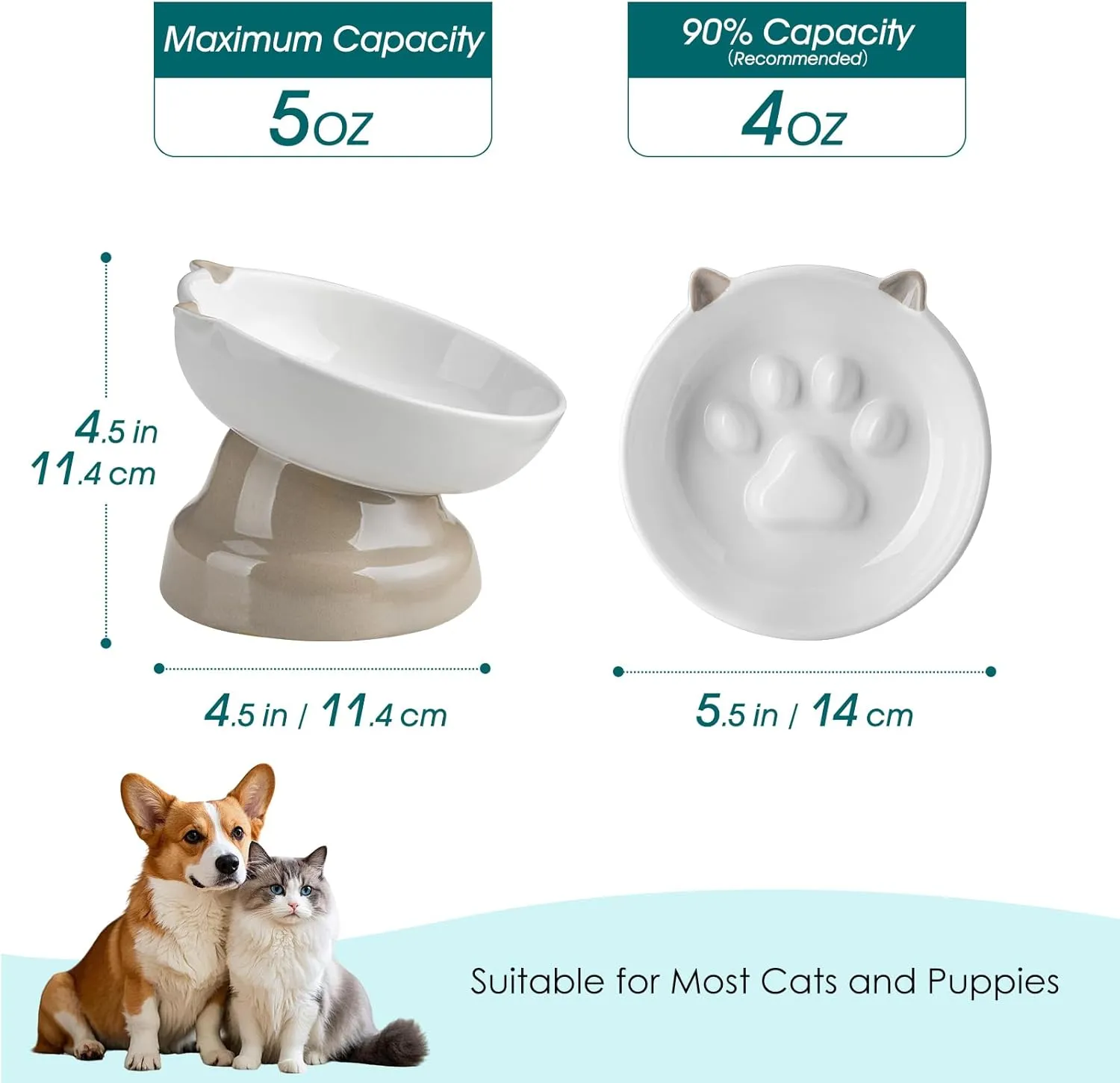 vancasso Slow Feeder Cat Bowl, Elevated Ceramic Slow Feeder Dog Bowls Small Breed, Raised Tilted Cat Food Bowls (Grey)