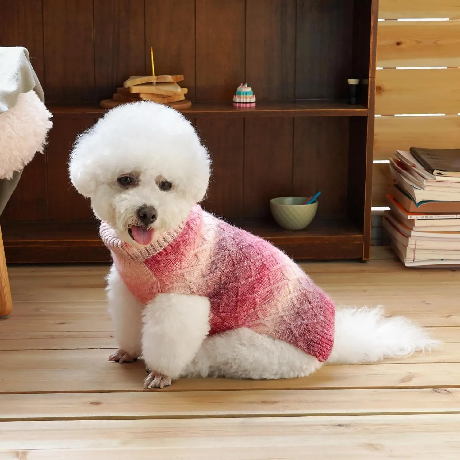WOYYHO Colorful Knitted Dog Sweater with Leash Hole - Turtleneck Puppy Sweater for Small Dogs (Gradient Pink)
