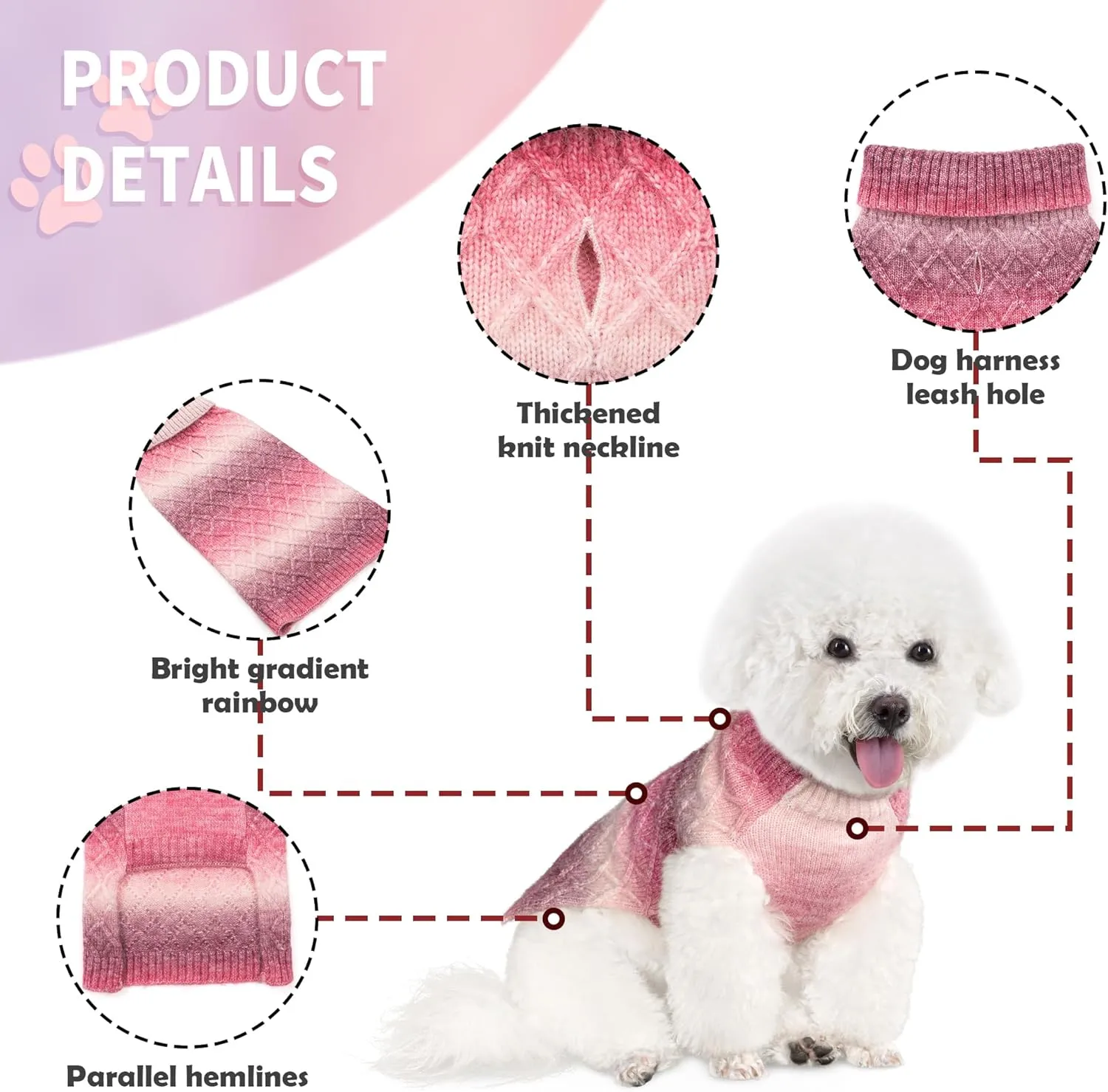 WOYYHO Colorful Knitted Dog Sweater with Leash Hole - Turtleneck Puppy Sweater for Small Dogs (Gradient Pink)