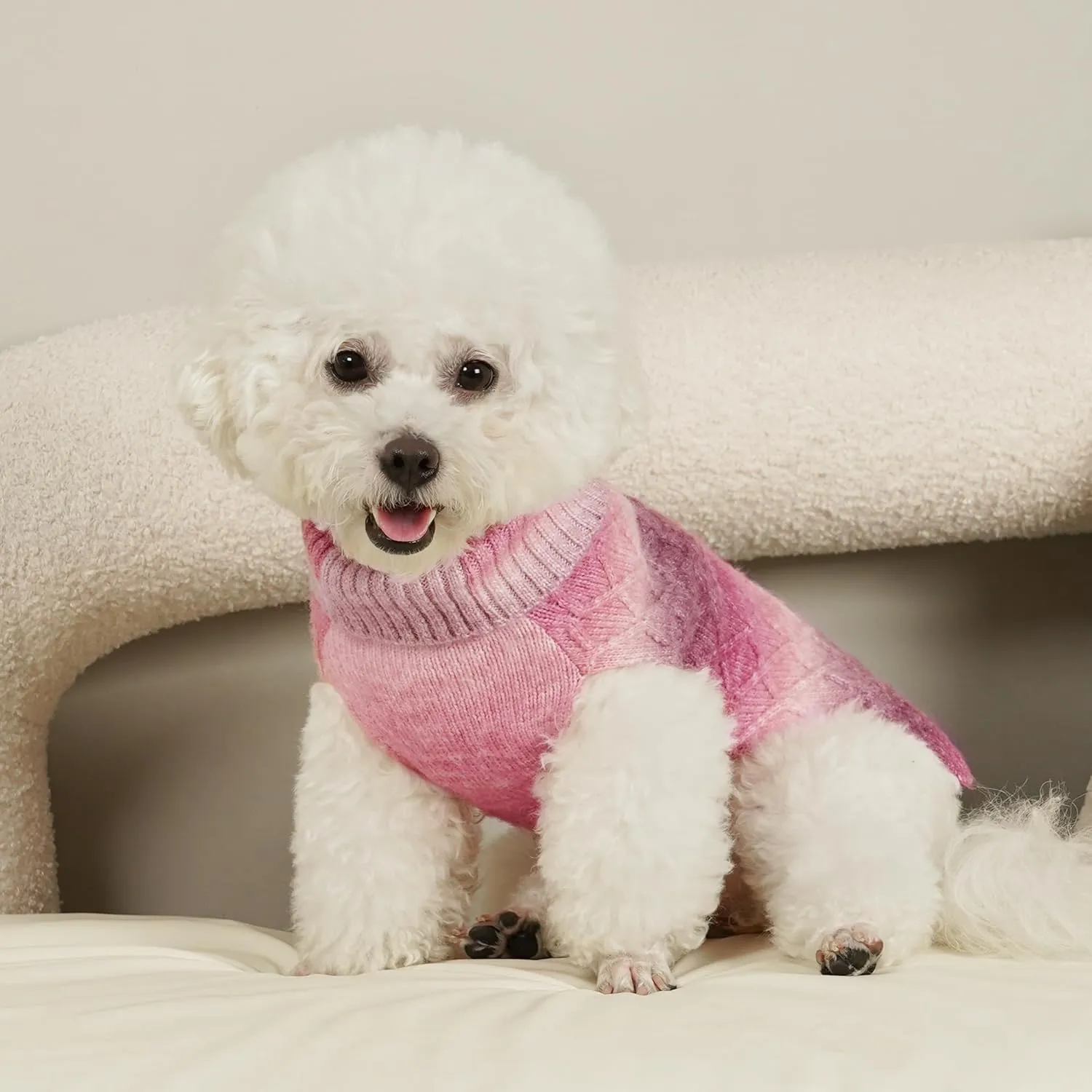WOYYHO Colorful Knitted Dog Sweater with Leash Hole - Turtleneck Puppy Sweater for Small Dogs (Gradient Pink)