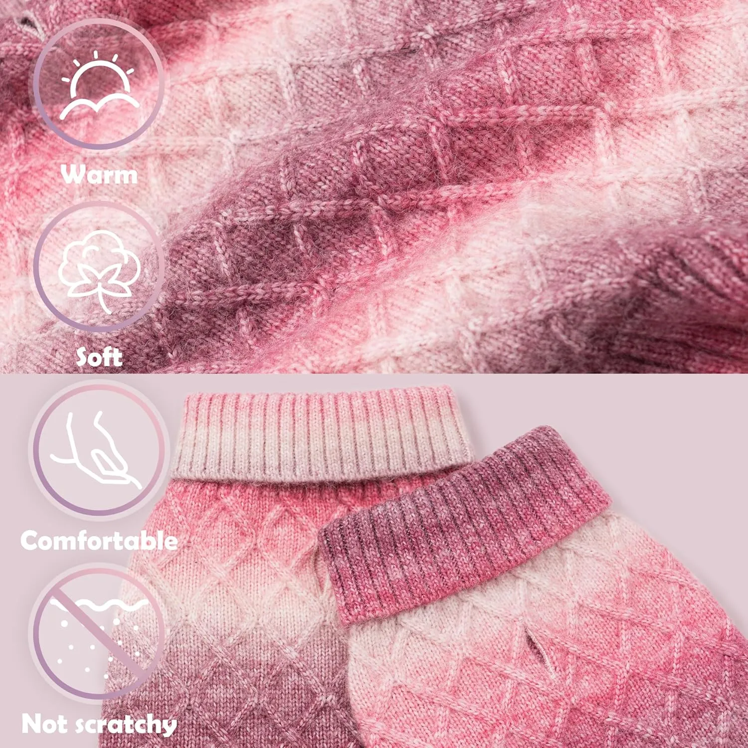 WOYYHO Colorful Knitted Dog Sweater with Leash Hole - Turtleneck Puppy Sweater for Small Dogs (Gradient Pink)