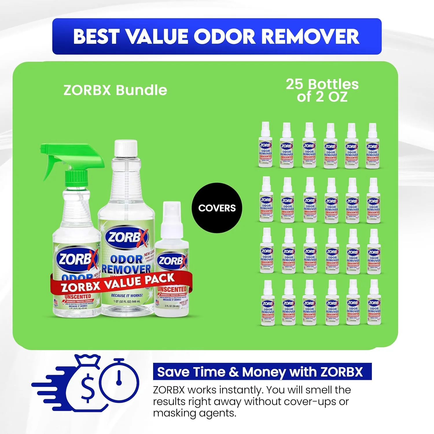 ZORBX Unscented Multipurpose Odor Eliminator Value Pack 2 Oz   16 Oz   32 Oz - Used in Hospitals & Healthcare Facilities - Advanced Trusted Formula - Perfect Bundle to Get Rid of Unpleasant Odors