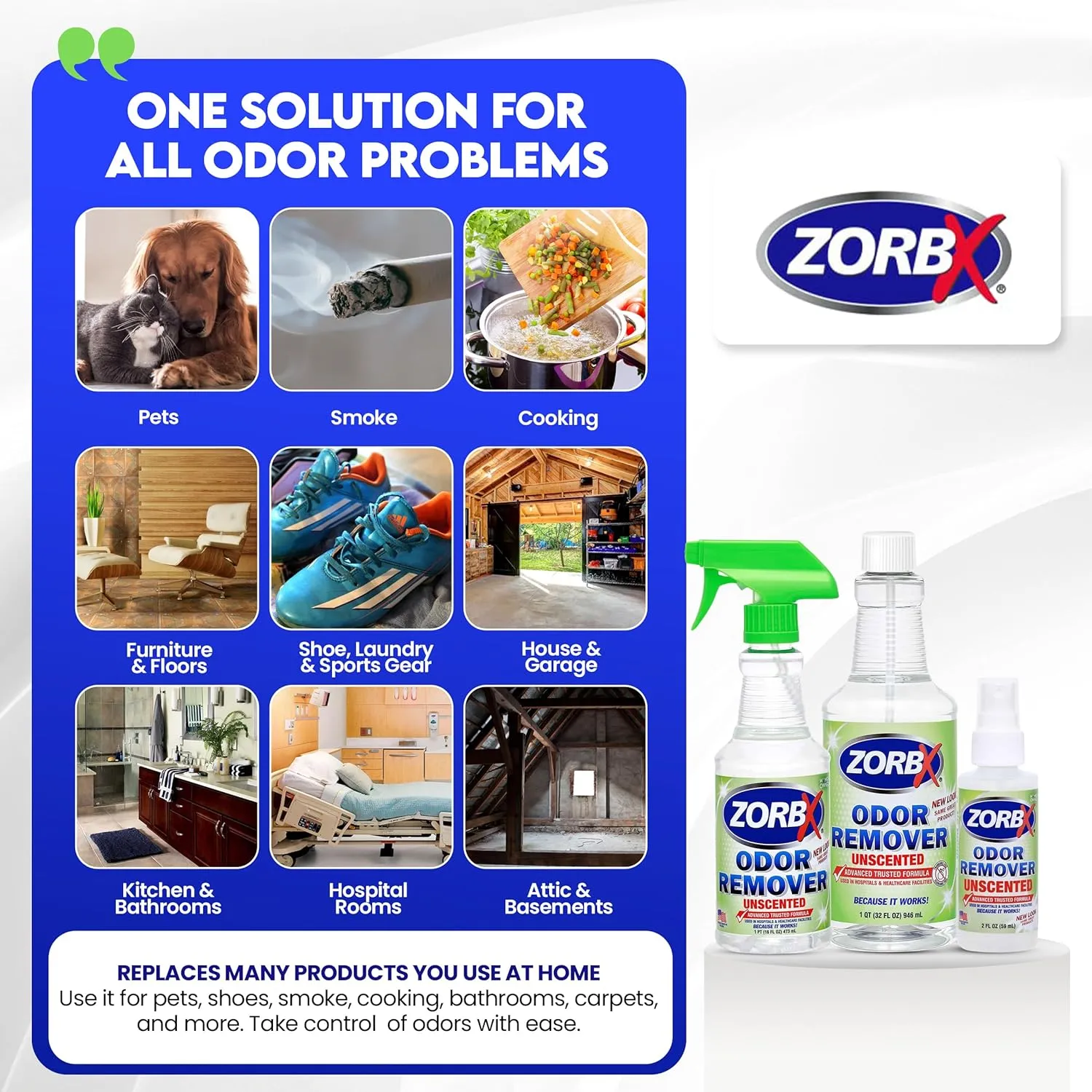 ZORBX Unscented Multipurpose Odor Eliminator Value Pack 2 Oz   16 Oz   32 Oz - Used in Hospitals & Healthcare Facilities - Advanced Trusted Formula - Perfect Bundle to Get Rid of Unpleasant Odors