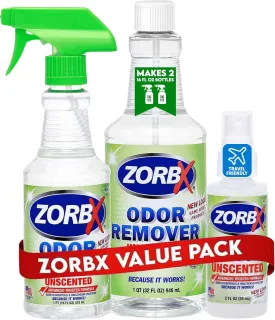 ZORBX Unscented Multipurpose Odor Eliminator Value Pack 2 Oz   16 Oz   32 Oz - Used in Hospitals & Healthcare Facilities - Advanced Trusted Formula - Perfect Bundle to Get Rid of Unpleasant Odors