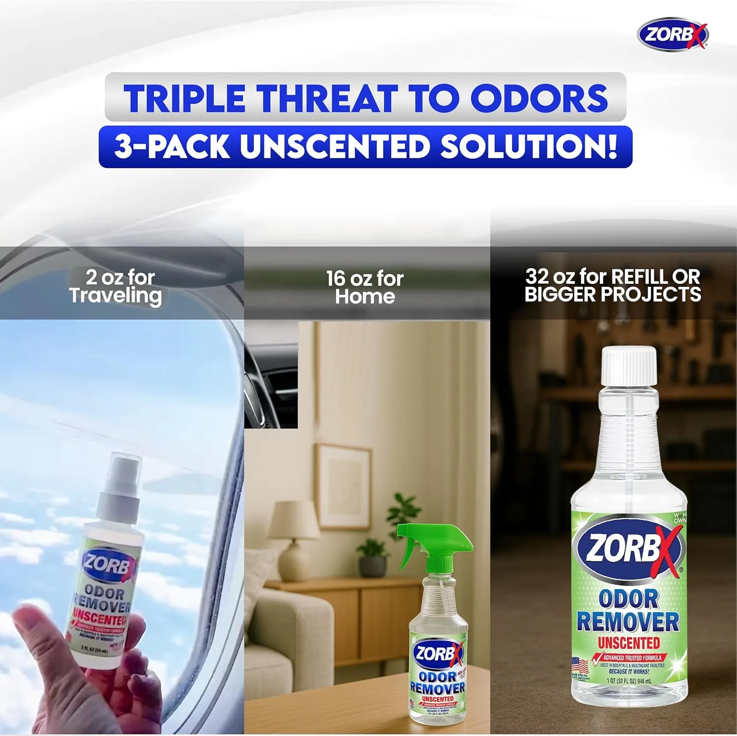 ZORBX Unscented Multipurpose Odor Eliminator Value Pack 2 Oz   16 Oz   32 Oz - Used in Hospitals & Healthcare Facilities - Advanced Trusted Formula - Perfect Bundle to Get Rid of Unpleasant Odors