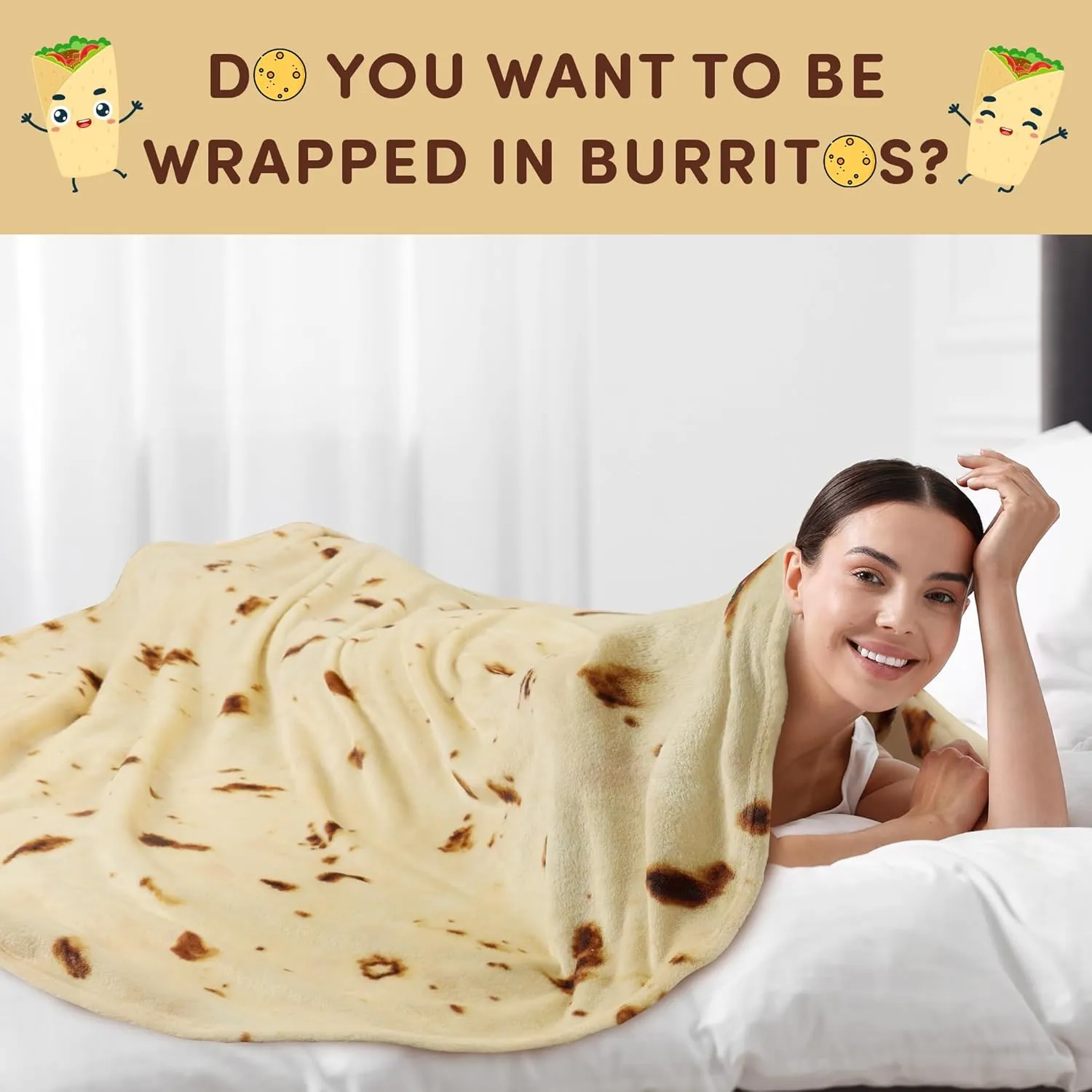 Zulay Extra Large Burritos Tortilla Throw Blanket  Wrap Yourself Like a Giant Taco! Double-Sided 71 Inches, Funny & Ultra Cozy Novelty Blanket, Super Soft 285 GSM Flannel